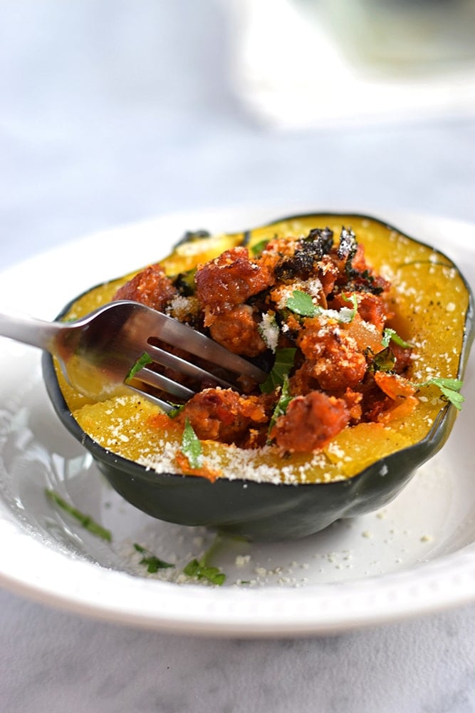 Sausage, Onion &amp; Kale Stuffed Acorn Squash - Isabel Eats