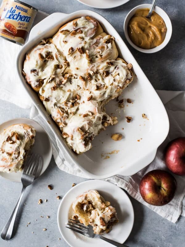 These Dulce de Leche Cinnamon Rolls stuffed with apples and pecans are the perfect fall and winter treat made with a Mexican twist!