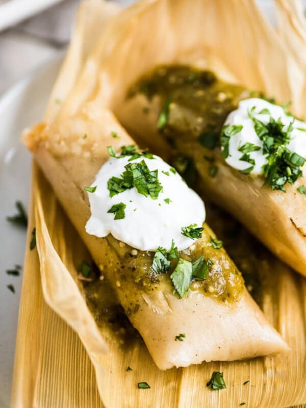 Tamales de Rajas (Vegetarian Tamales) on a plate ready to eat.