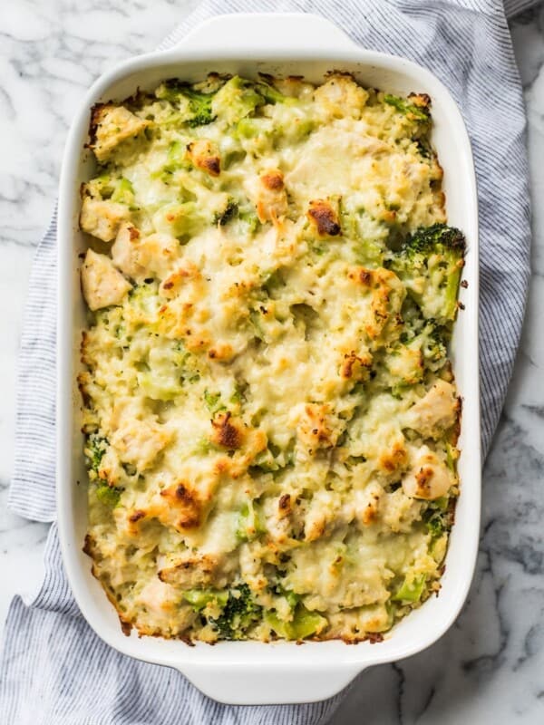 This low carb and cheesy Broccoli Cauliflower Rice Chicken Casserole recipe is perfect for dinner and makes great leftovers. It's also gluten free!