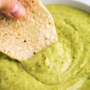 Guacamole salsa with a tortilla chip.