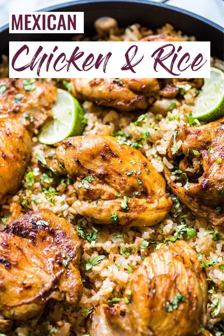 This Mexican Chicken and Rice features tender, juicy marinated chicken thighs and authentic Mexican rice cooked all in one pot! #mexican #chickenandrice #chickendinner #glutenfree #onepot