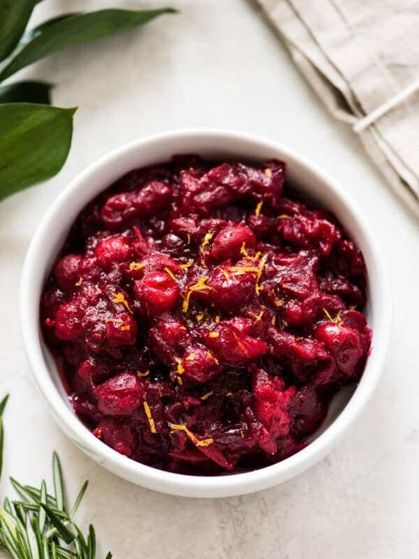 Cranberry sauce recipe in a white bowl.