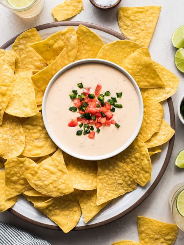 Bowl of queso dip surrounded by tortilla chips.