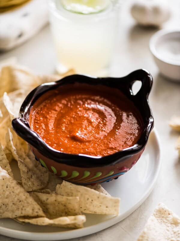 Chile de arbol salsa in an ornate Mexican-style brown bowl.