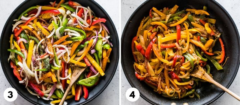 Step by step process for how to make peppers and onions.