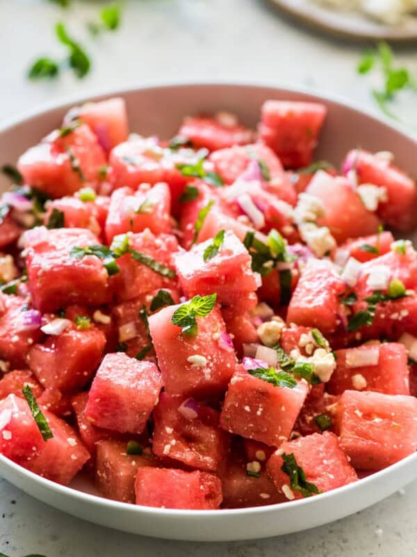 Easy Watermelon Salad topped with mint and crumbled feta cheese