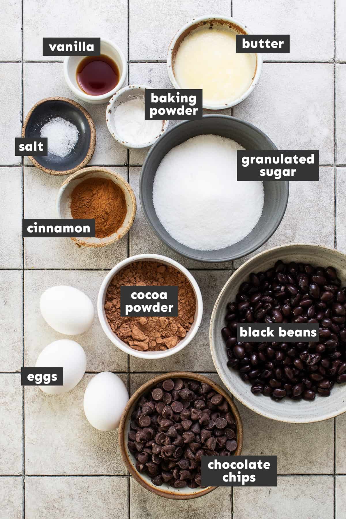 Ingredients for black bean brownies on a table.