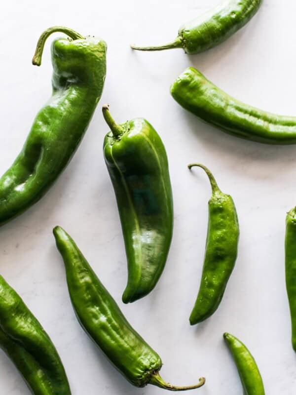 Anaheim peppers on a table