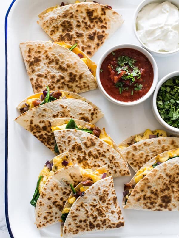 Breakfast quesadillas with eggs, cheese and bacon.