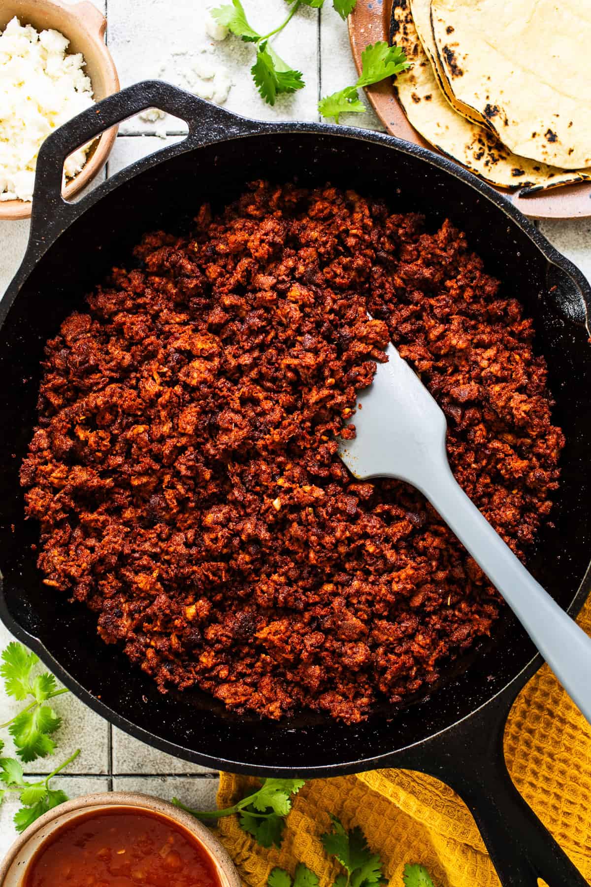 Cooked chorizo in a skillet ready to be served in various Mexican recipes.