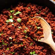 Mexican chorizo recipe in a skillet ready to eat.