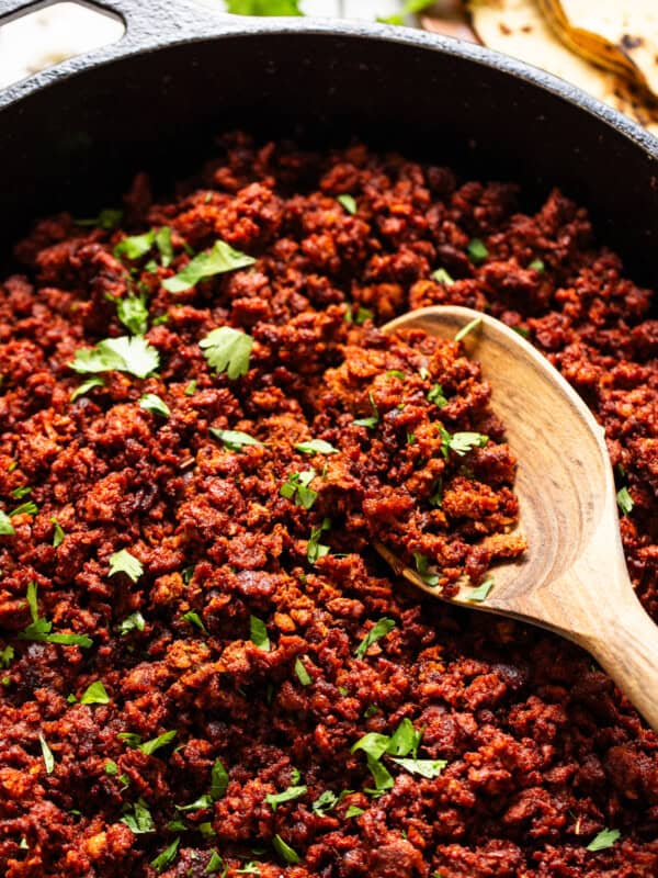 Mexican chorizo recipe in a skillet ready to eat.