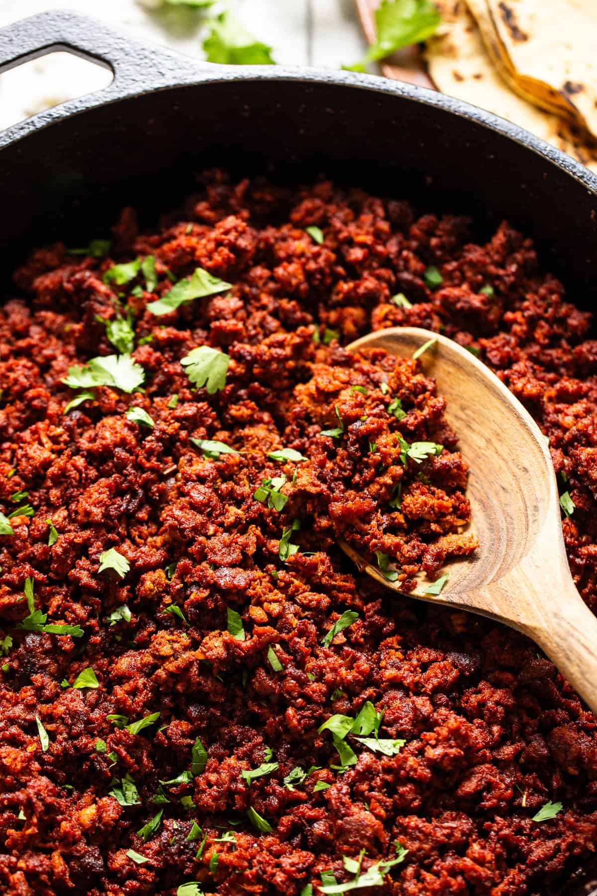 Mexican chorizo recipe in a skillet ready to eat.