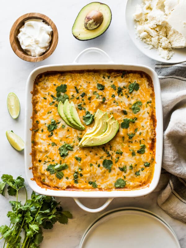 Chicken tamale casserole in a baking dish.