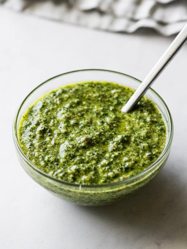 Cilantro pesto in a bowl ready to be served