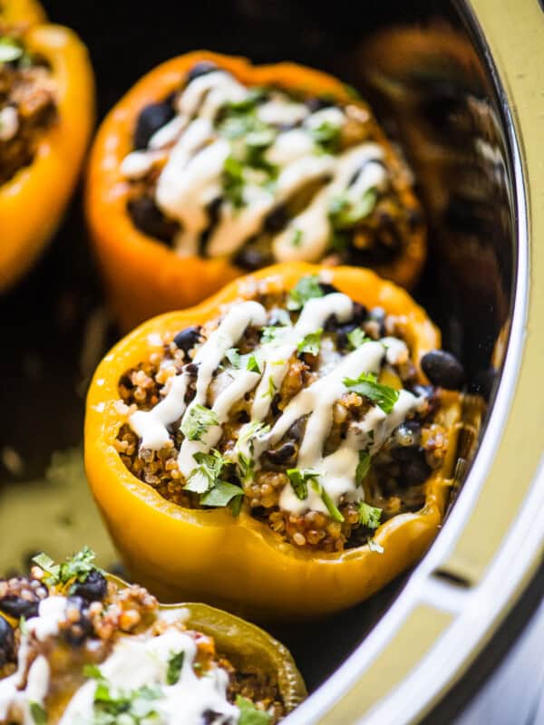 Crockpot stuffed peppers in a slow cooker.