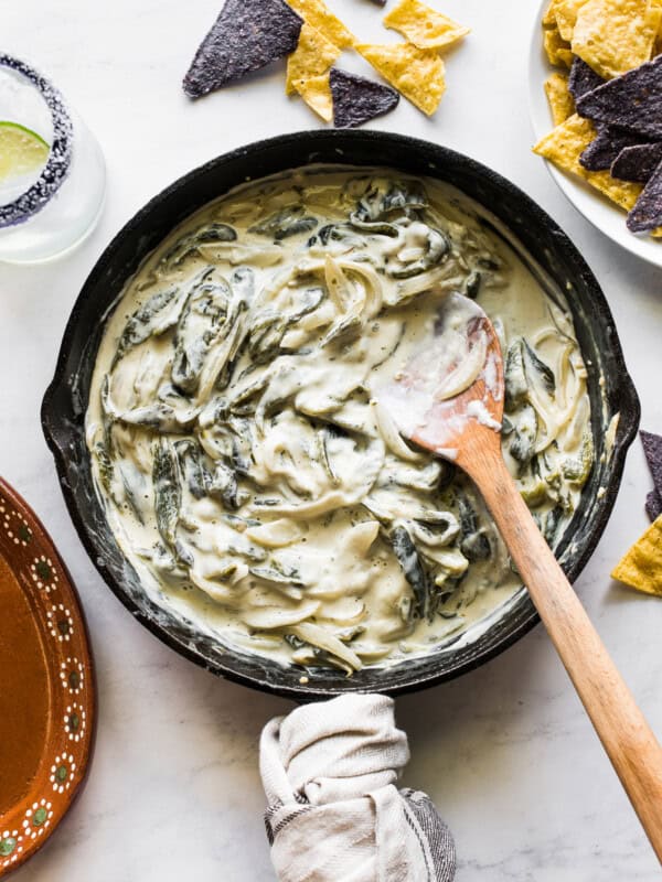 Rajas con crema in a skillet ready to be eaten.