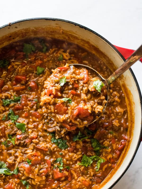 Stuffed pepper soup in a dutch oven.