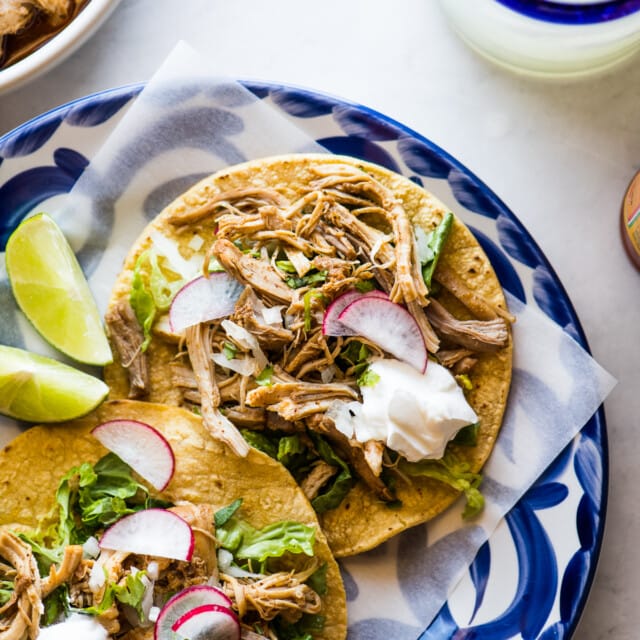 Instant Pot Chicken Tacos on a plate ready to be served.