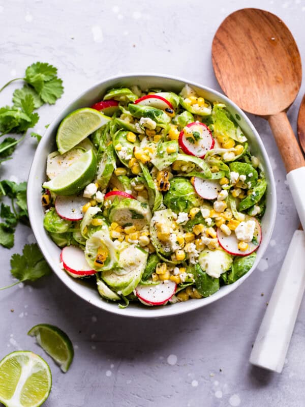 Mexican Brussels Sprout Salad in a bowl ready to serve.