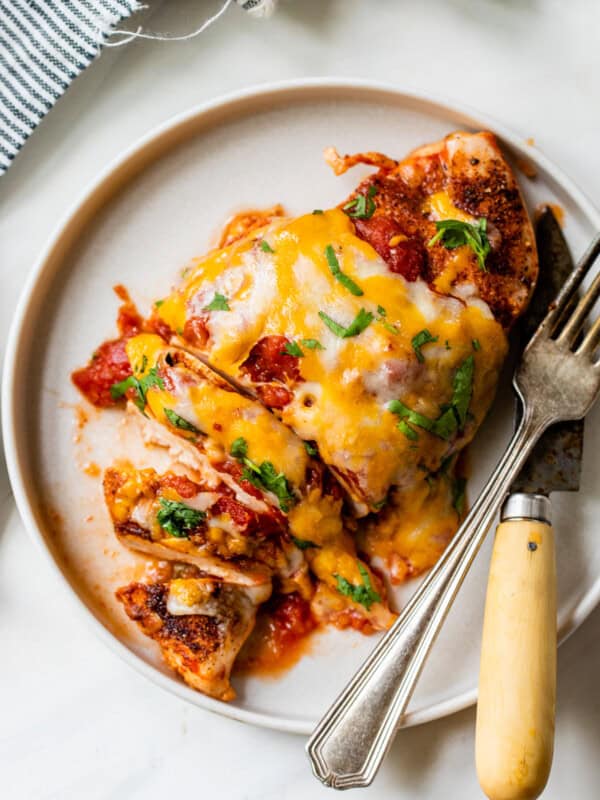 Salsa chicken on a plate sliced and ready to eat.