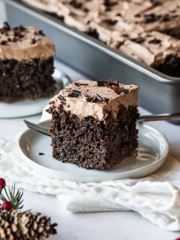 A slice of chocolate tres leches cake.