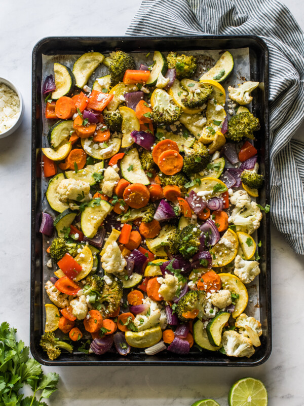 Mexican Roasted Vegetables on a sheet pan.