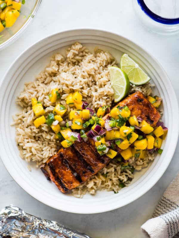 Chili Garlic Grilled Salmon topped with mango salsa.