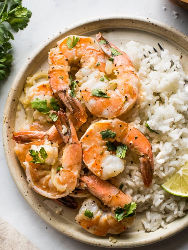 Camarones al Mojo de Ajo (Mexican Garlic Shrimp) over white rice.