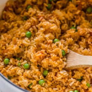 Authentic Mexican Rice with peas in a pot.