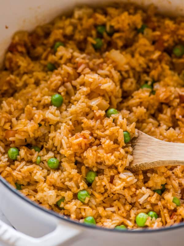 Authentic Mexican Rice with peas in a pot.