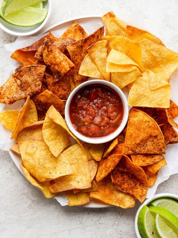 Air fryer tortilla chips plated with salsa