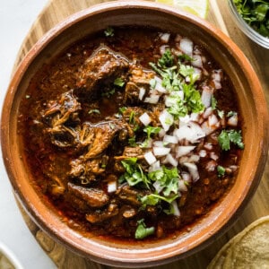 Birria in a bowl with cilantro and diced white onions