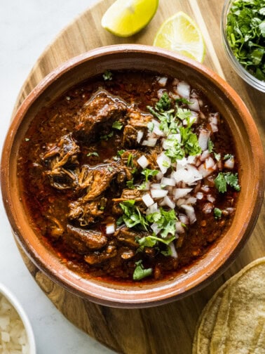 Birria in a bowl with cilantro and diced white onions