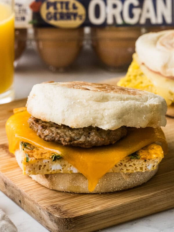 Freezer breakfast sandwiches made from English muffins, sausage, ham, or bacon, and cheese.