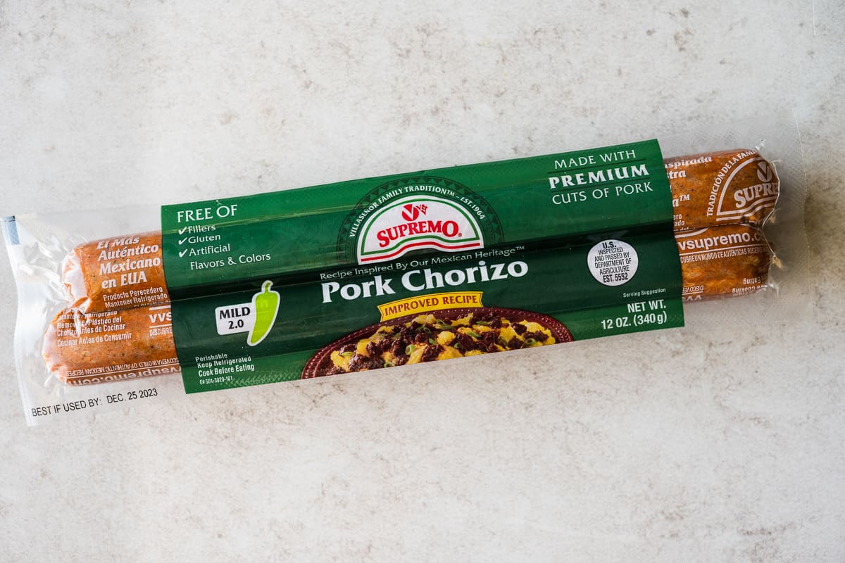 A package of Mexican pork chorizo on a table.