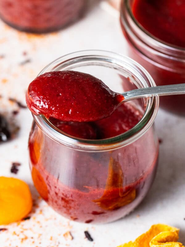 Homemade chamoy sauce in a jar.