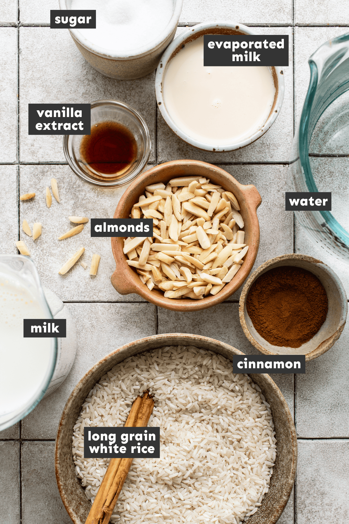 Horchata recipe ingredients measured and separated into mixing bowls
