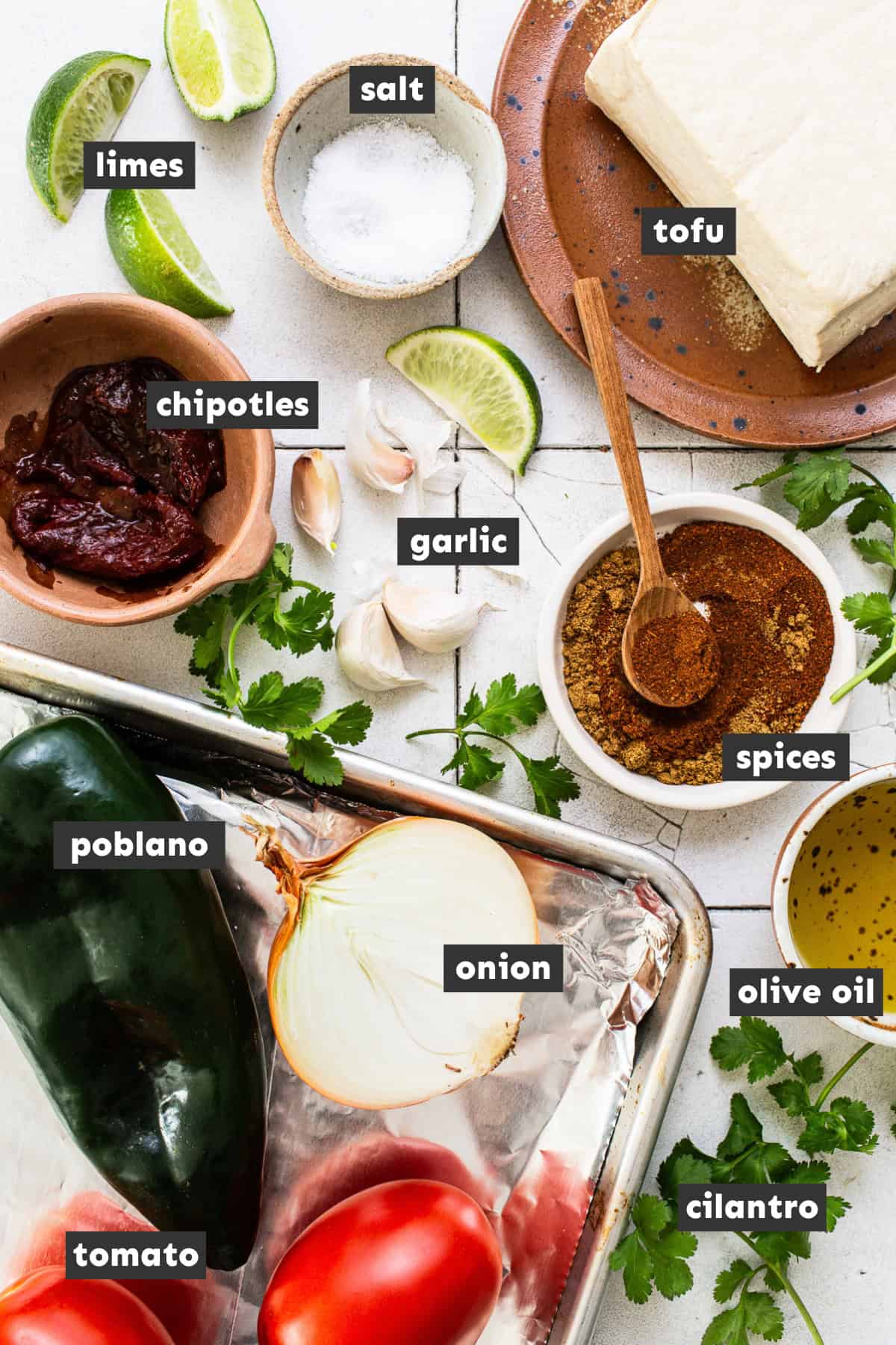 Sofritas ingredients in various bowls on a table