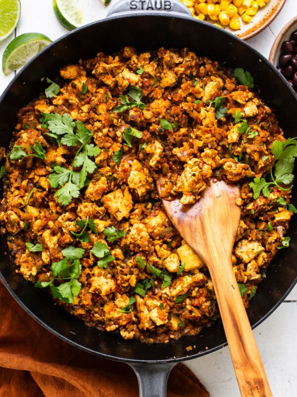 Sofritas in a skillet with a smoky and flavorful sauce.