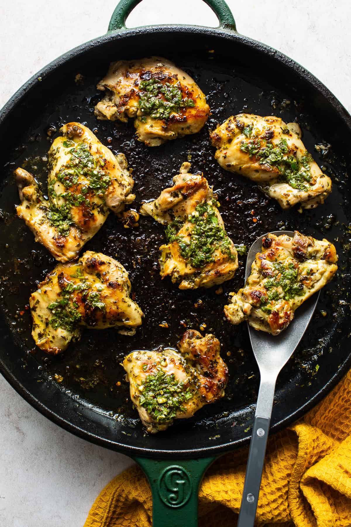 Chimichurri chicken cooked on a skillet