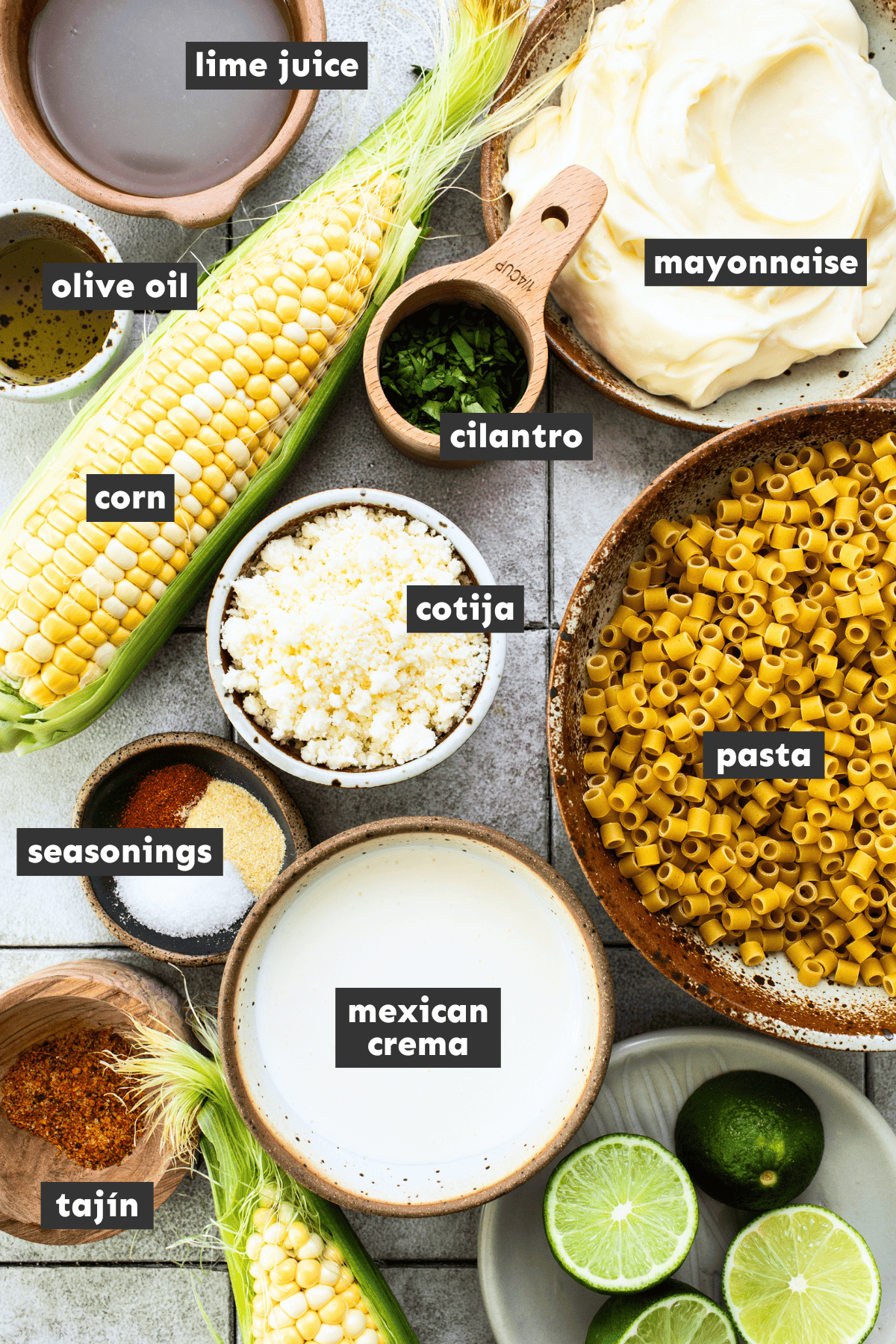 Ingredients in Mexican Street Corn Pasta Salad on a table.