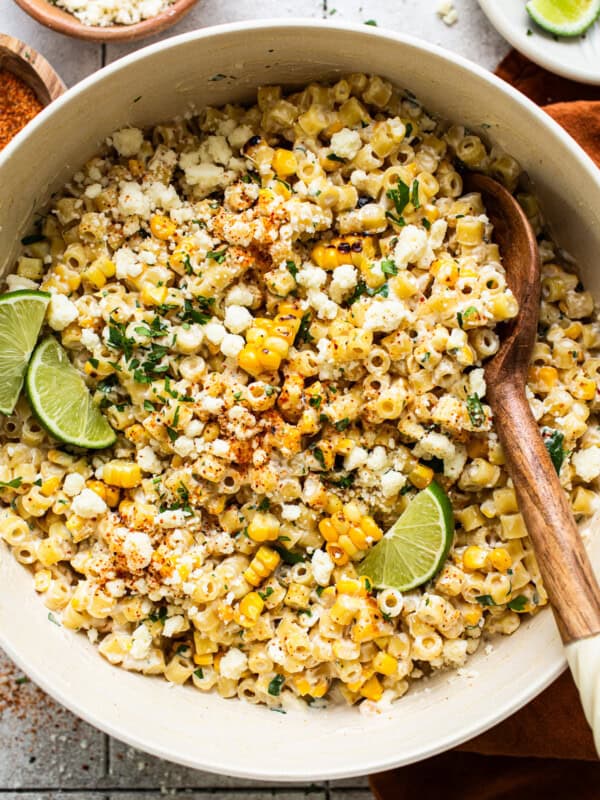 Mexican street corn pasta salad in a bowl ready to serve.