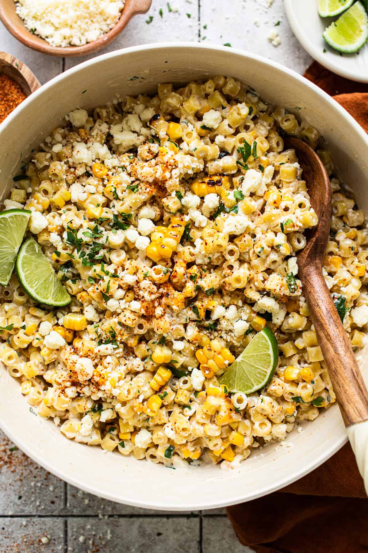 Mexican street corn pasta salad in a bowl ready to serve.