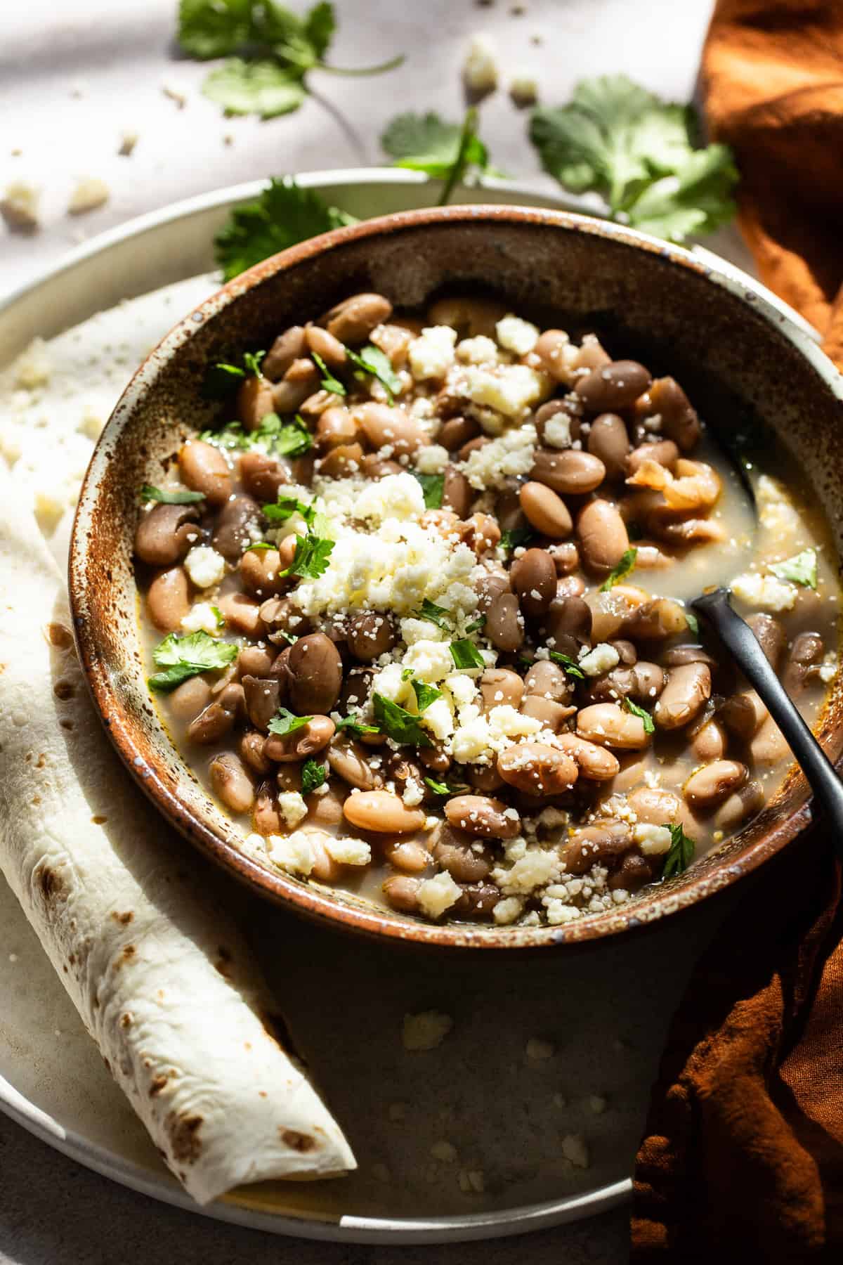 Cooked pinto beans served with cheese.