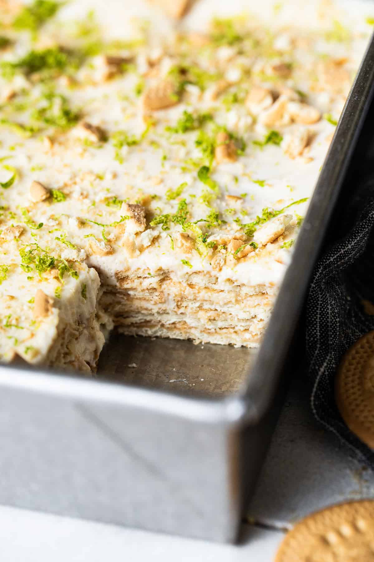 Carlota de limon inside the baking sheet showing all the delicious layers