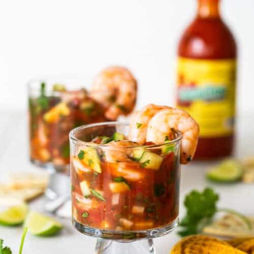 Coctel de Camaron (Mexican Shrimp Cocktail) in a cocktail glass ready to be served.