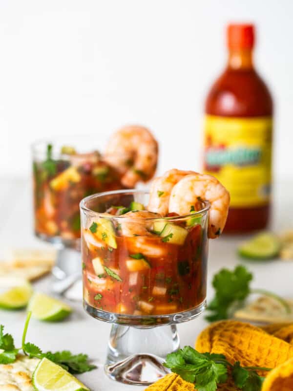 Coctel de Camaron (Mexican Shrimp Cocktail) in a cocktail glass ready to be served.