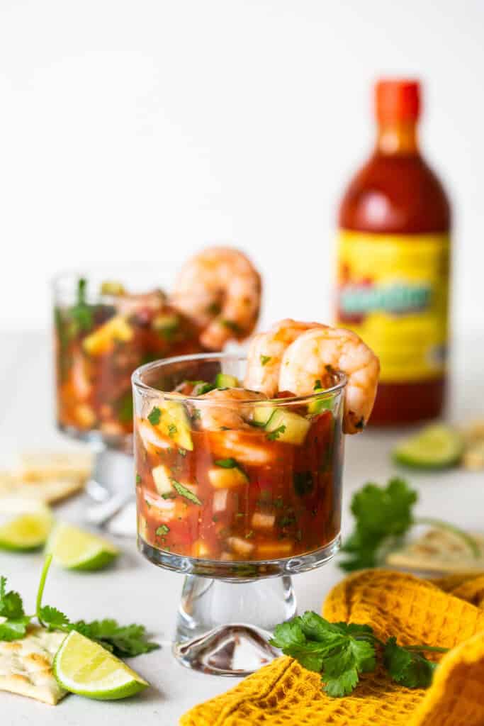 Coctel de Camaron (Mexican Shrimp Cocktail) in a cocktail glass ready to be served.